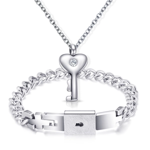 Stainless Steel Couple Jewelry Heart Key Pendant Necklace And Lock Cuban Chain Bracelet Romantic Gift Fashion Accessories