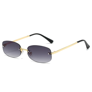 Y2K frameless sunglasses with purple gradient oval lenses and slim golden metal temples
