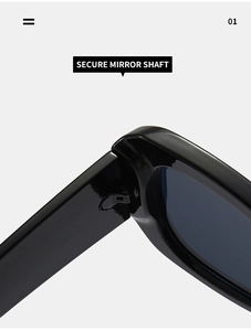 Detailed close-up of a secure mirror shaft on trendy black thick frame sunglasses