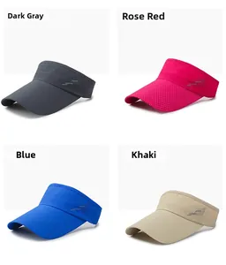 Detailed grid view of hollow top sun hats in dark gray, rose red, blue, and khaki colors