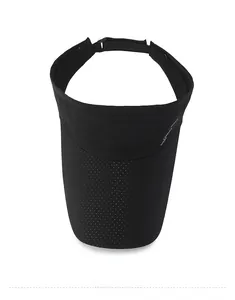 Top view of black breathable mesh visor with adjustable back strap and leading text