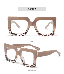Detail of square tea gradient and tortoise frame glasses with wide metallic temples