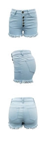 Dettagli dei pantaloncini di denim azzurro con bottoni a vista e orlo a frange