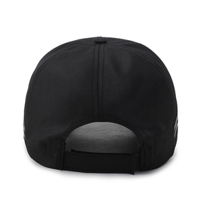 Rear view of black breathable baseball cap with adjustable strap and stitching detail