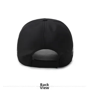 Detail view of the black baseball cap with adjustable hook and loop back closure