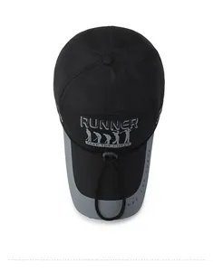 Top view of two-tone runner hat with adjustable drawstring and golf silhouette print