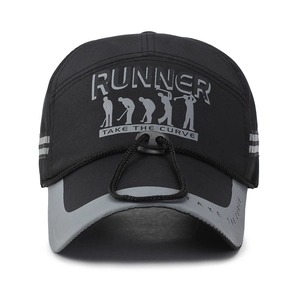 Black quick-dry sports baseball cap with Runner print and adjustable drawstring brim