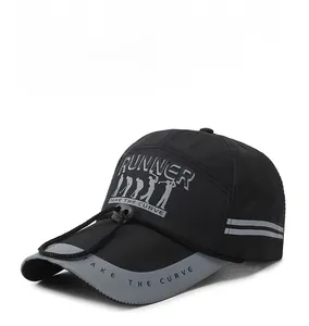 Detail of breathable quick-dry baseball cap featuring RUNNER text and side stripes