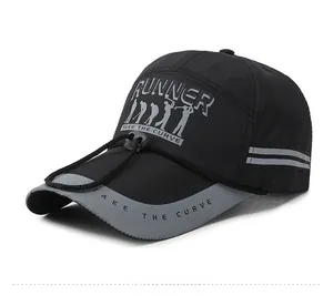 Detail view of reflective stripes and Runner print on breathable sports baseball cap