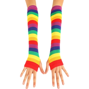 Detail of knitted rainbow fingerless arm warmers with thumb holes and long stripe pattern