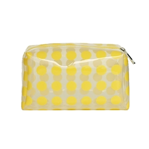 Transparent PVC makeup bag with yellow polka dots and silver zipper on white background