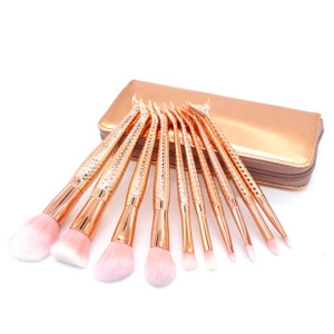 10pcs rose gold mermaid makeup brushes with pink gradient bristles and travel pouch