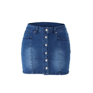 French style denim mini skirt with front button closure and side pockets in washed blue