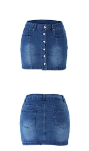 Detail of high-waisted denim mini skirt with button front and back pockets in blue