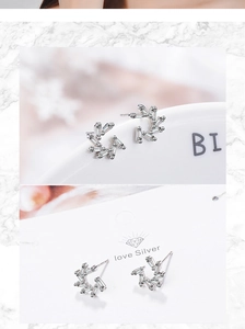 Detailed macro view of silver windmill earrings with rectangular zircon studs on display