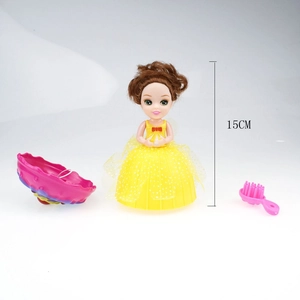 Detail view of 15cm scented cupcake princess doll with yellow dress and pink comb