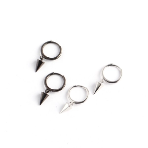 Minimalist S925 silver hoop earrings with geometric triangular cone charms in black and silver