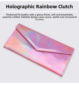 Detail of pink laser holographic makeup brush pouch made of thick PU leather fabric