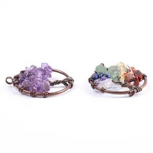 Handmade copper wire wrapped life tree pendants with purple and colorful crystal stones