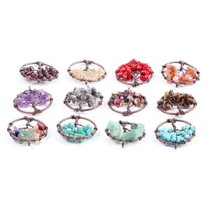 Set of 12 handmade tree of life pendants with mixed natural crystal stones and copper wire