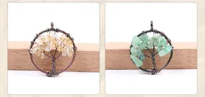 Detail showing two handmade tree of life wire-wrapped pendants with natural crystals