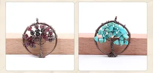 Detail of tree of life wire wrapped pendants with garnet and turquoise stones