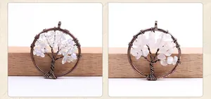 Detail of tree of life pendants with handmade wire-wrapped opal and rose quartz stones