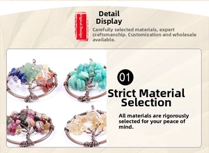 Detailed view of handmade tree of life pendants with natural colorful crystal stones