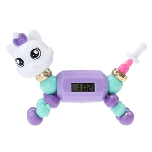 Detail of creative cat-shaped digital toy with purple beads and LCD status screen