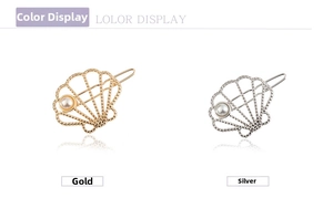 Detail view of hollow shell hair clips with white pearls in gold and silver finish