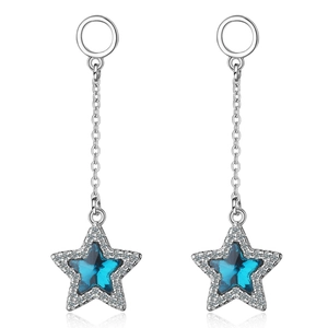 Elegant long chain star earrings with blue pentagram crystal and silver plating