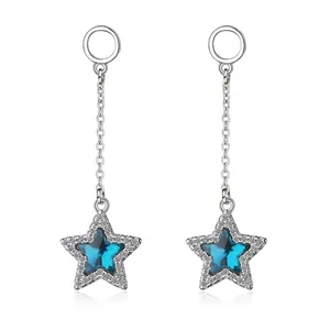 Korean Long Tassel Star Pendant Earrings Copper Silver Plated Blue Pentagram Rhinestone Drop Earrings For Women Fashion Jewelry