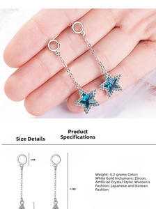 Detailed size specifications of long blue star drop earrings with 43mm length dimensions