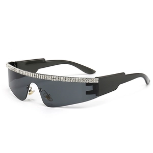 Lunettes De Soleil Enveloppantes Sans Monture Verre Unique Orné De Strass Monture PC UV400 Mode Y2K Oversized Punk Femme
