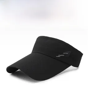 Detailed view of black open top sun visor with breathable synthetic fabric and side text