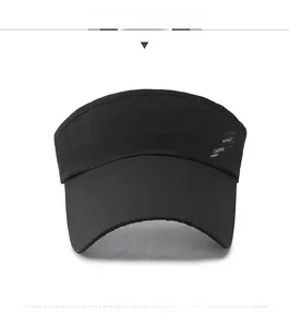 Detail of black open-top visor made of breathable quick-dry mesh fabric with side logo