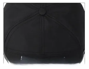 Top view detail of a black baseball cap featuring 6-panel stitching and a fabric button
