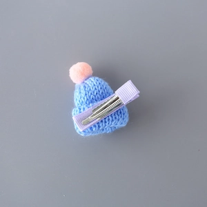 Cute blue knit mini hat hair clip with pink pompom for kids autumn winter hair accessory