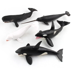 Detail view of five whale models including sperm, narwhal, beluga and orca sea animal toys