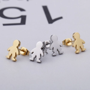 Polished metal cartoon boy stud earrings in gold and silver finish for trendy women