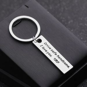 Engraved drive safe handsome stainless steel keychain on a black gift box display