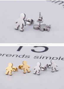Detailed view of polished boy-shaped stainless steel stud earrings in silver and gold