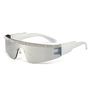 Lunettes de soleil punk sans monture avec strass brillants et monture argentée