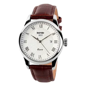 Classic men's quartz watch with brown leather strap and silver dial with Roman numerals