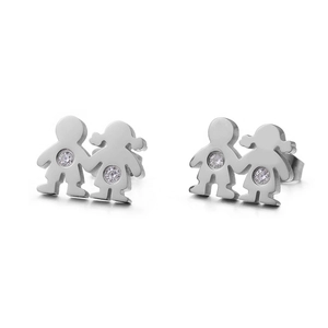 Polished titanium steel stud earrings featuring boy and girl figures with sparkling crystals