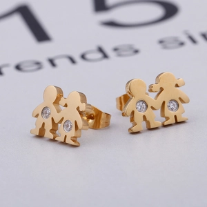 Fashionable gold titanium steel stud earrings featuring boy and girl silhouettes with rhinestones