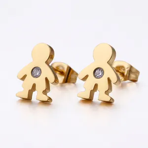Little Boy Stud Earrings Titanium Steel 18K Gold Plated Cubic Zirconia Cartoon Humanoid Shape Simple Fashion For Women