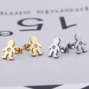 Polished titanium steel boy-shaped stud earrings set in gold and silver finishes