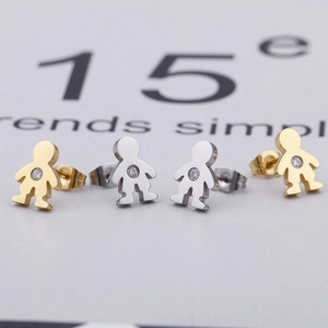 Titanium steel stud earrings in boy shape with clear round crystals in gold and silver finish