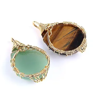 Handmade wire wrapped tiger eye and green aventurine water drop crystal necklaces